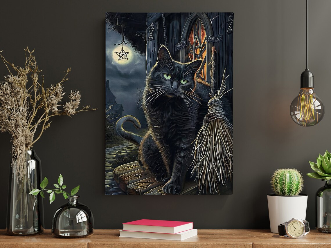 Black Cat Witch Halloween Painting Haunted House Broom Moon Gothic Poster - Image 3