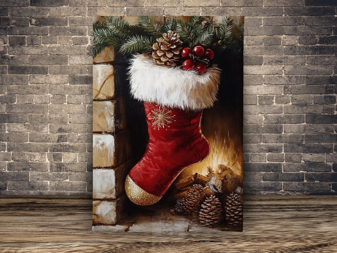 Cozy Christmas Stocking Painting, Fireplace Art Print - Image 2