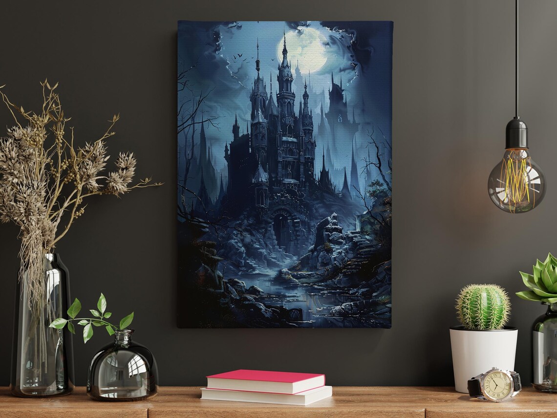 Dark Gothic Castle Under Full Moon with Bats in Misty Blue Night Poster - Image 4