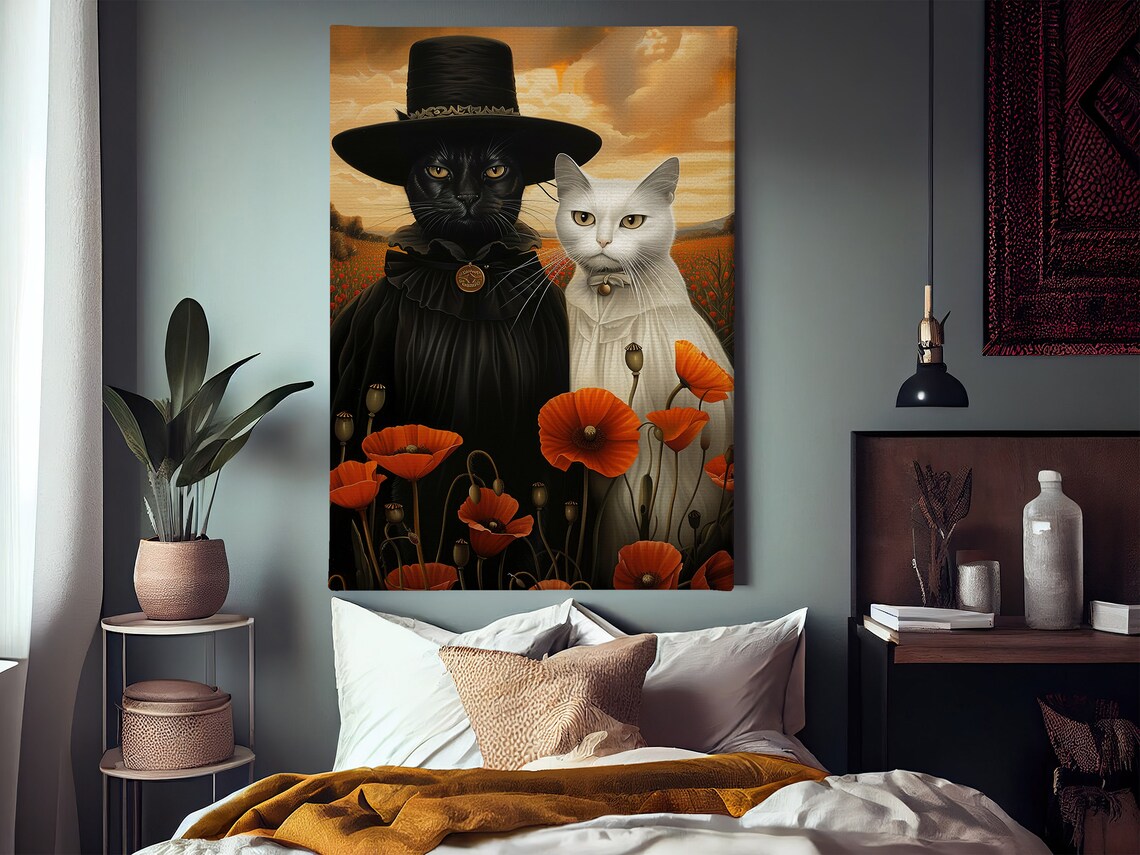 Witch Cat Couple Black White Cats Poppy Field Sunset Whimsical Art Poster - Image 2