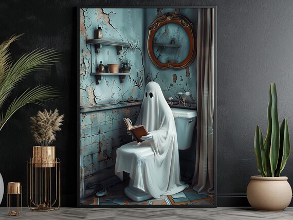 Vintage Ghost Reading Book on Toilet in Shabby Bathroom Funny Poster