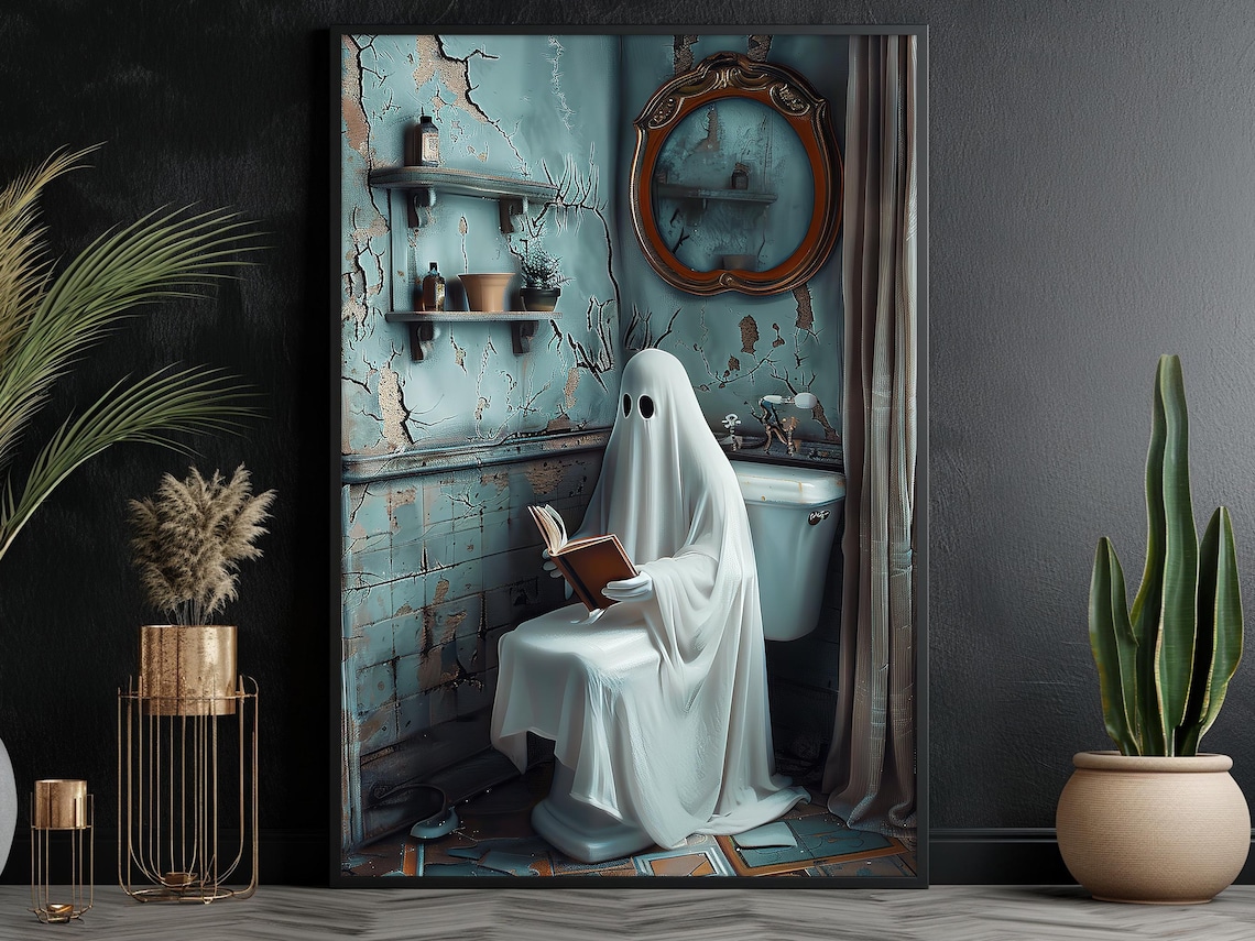 Vintage Ghost Reading Book on Toilet in Shabby Bathroom Funny Poster