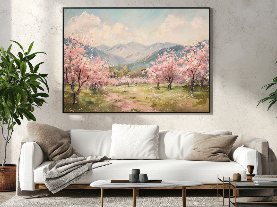 Cherry Blossom Orchard In Spring With Mountains Landscape Art Poster - Image 4
