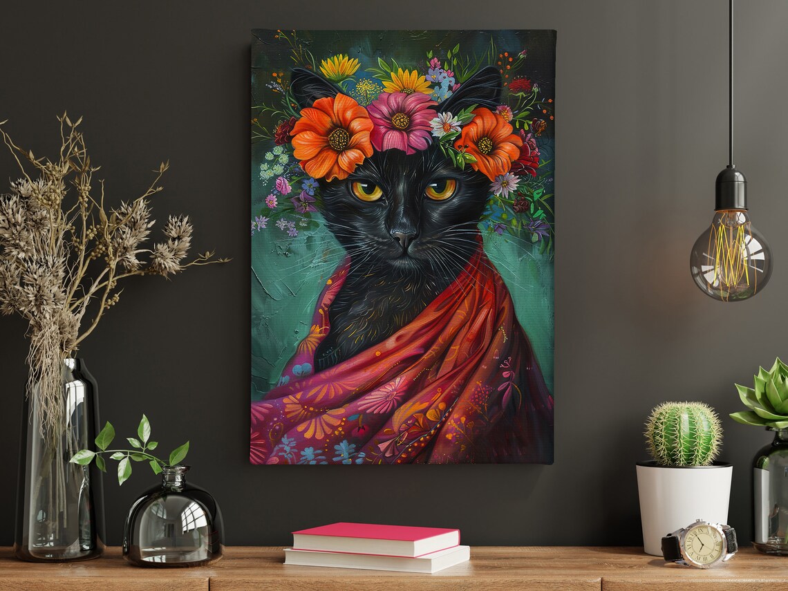 Black Cat Flower Crown Maximalist Colorful Floral Portrait Whimsical Art Poster - Image 4