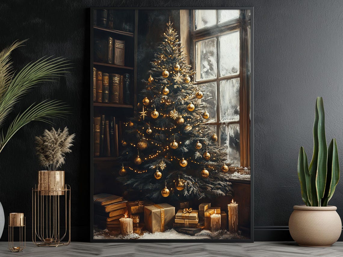 Cozy Christmas Tree With Gold Ornaments By Window With Books Poster