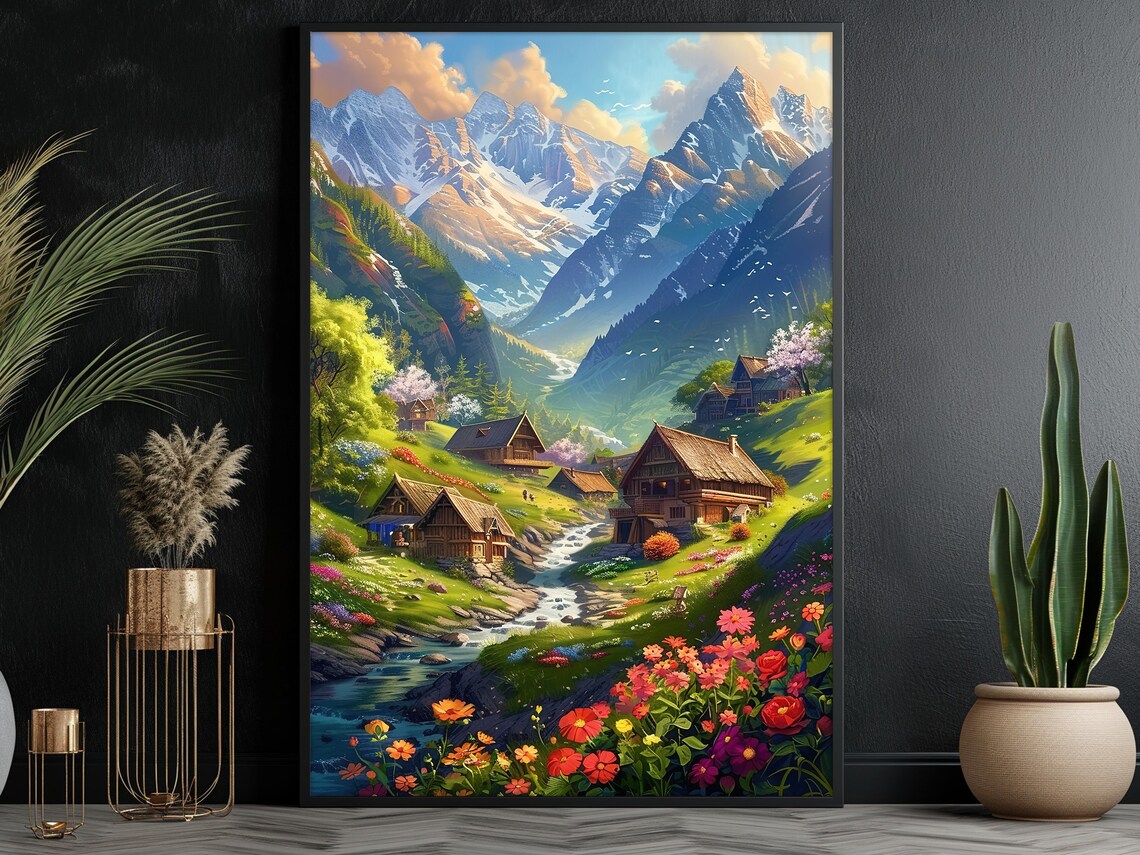 Vintage Peaceful Village Oil Painting Dreamy Land Art Print Landscape Print Flowers Wall Art Landscape Print - Image 4