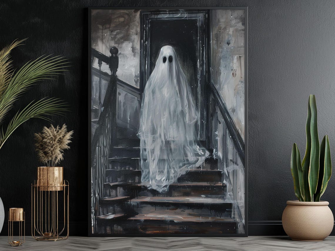 Spooky White Ghost On Dark Stairs Haunted House Halloween Poster