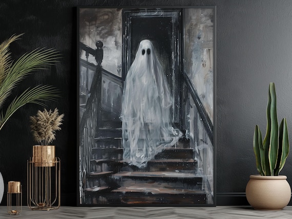 Spooky White Ghost On Dark Stairs Haunted House Halloween Poster