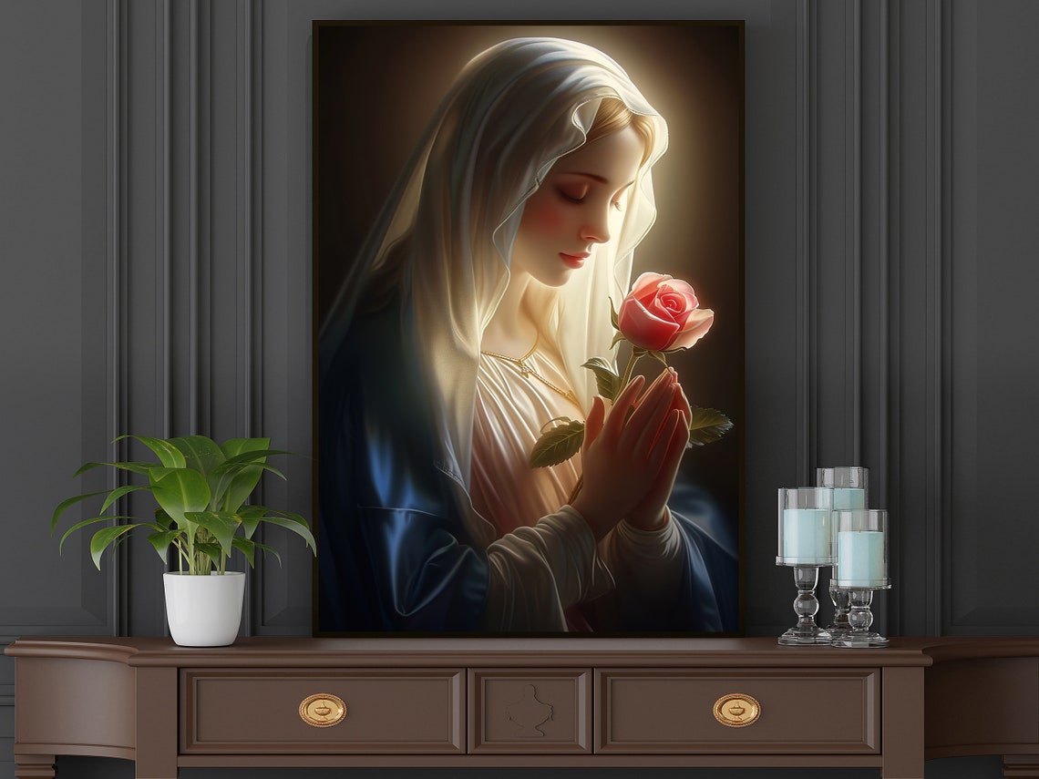 Virgin Mary Praying With Pink Rose Glowing Halo Devotional Poster - Image 5