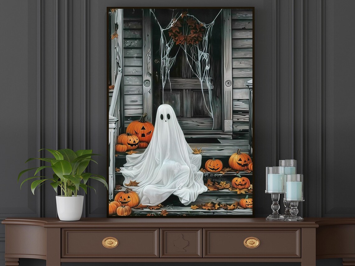 Ghost On Porch With Jack O Lanterns Cute Spooky Halloween Art Print - Image 4