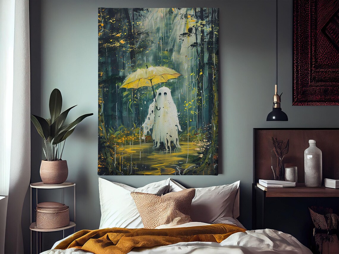 Whimsical Ghost Holding Yellow Umbrella in Rainy Forest Painting Poster - Image 5