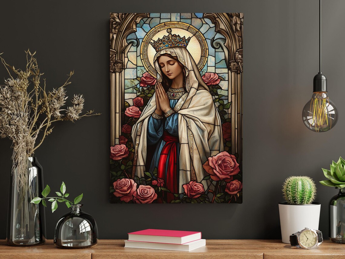 Stained Glass Virgin Mary Crowned Roses Praying Christian Religious Art Poster - Image 5