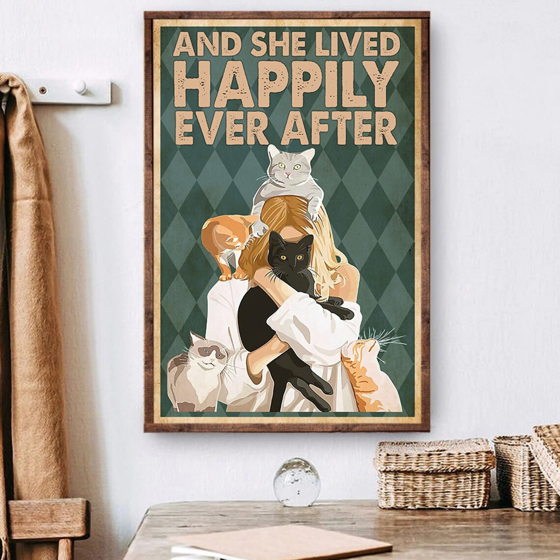 And She Lived Happily Ever After Woman Hugging Cats Retro Cat Lover Print - Image 4