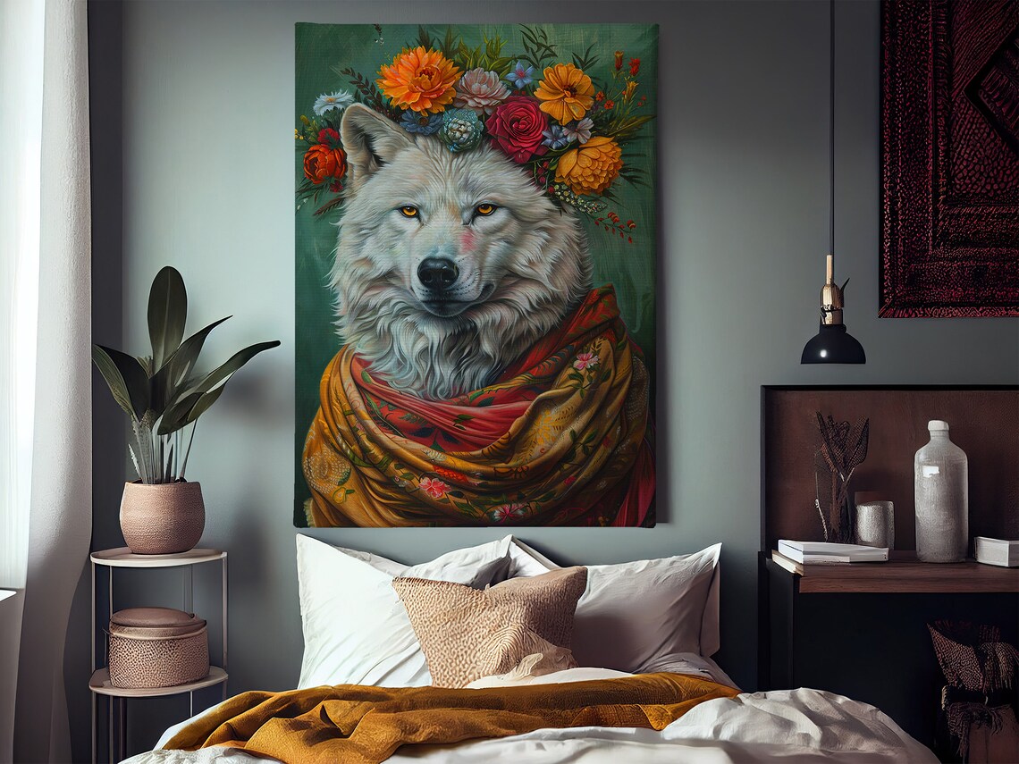 White Wolf Portrait With Floral Crown Maximalist Vintage Art Print - Image 3