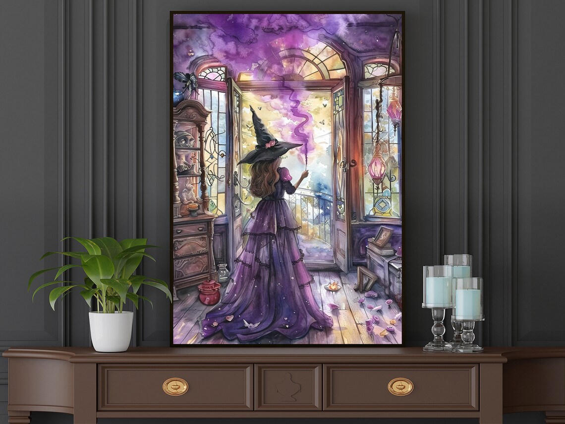 Young Witch in Magic Room Halloween Watercolor Art Print - Image 5