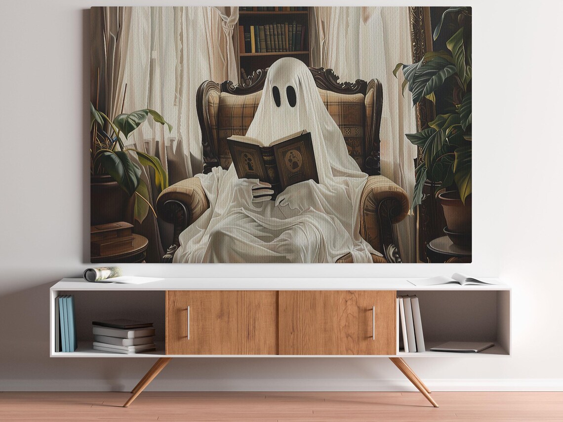 Cozy Vintage Ghost Reading Book in Armchair Library Halloween Art Poster - Image 6