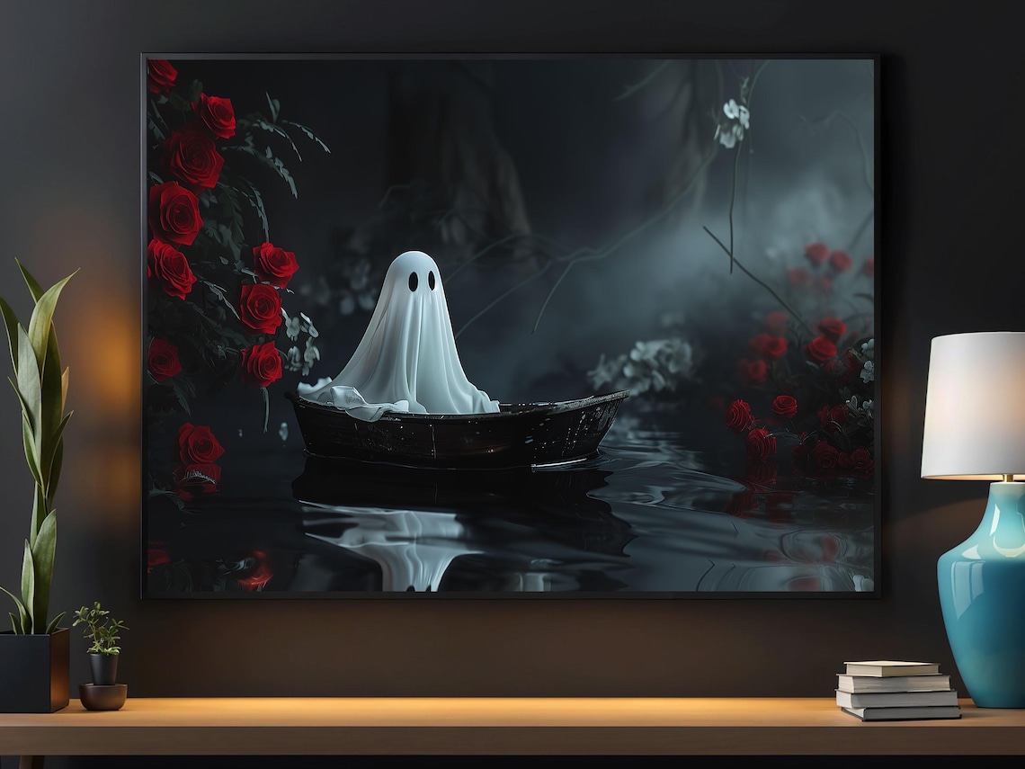 Dark Ghost in Rowboat on Misty Water Surrounded by Red Roses Poster
