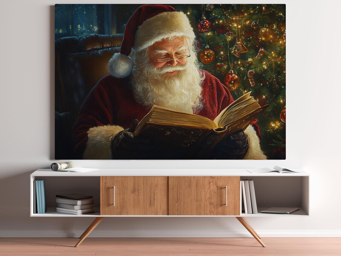 Santa Claus Reading Book Night Window Christmas Tree Lights Quiet Holiday Art Poster - Image 3