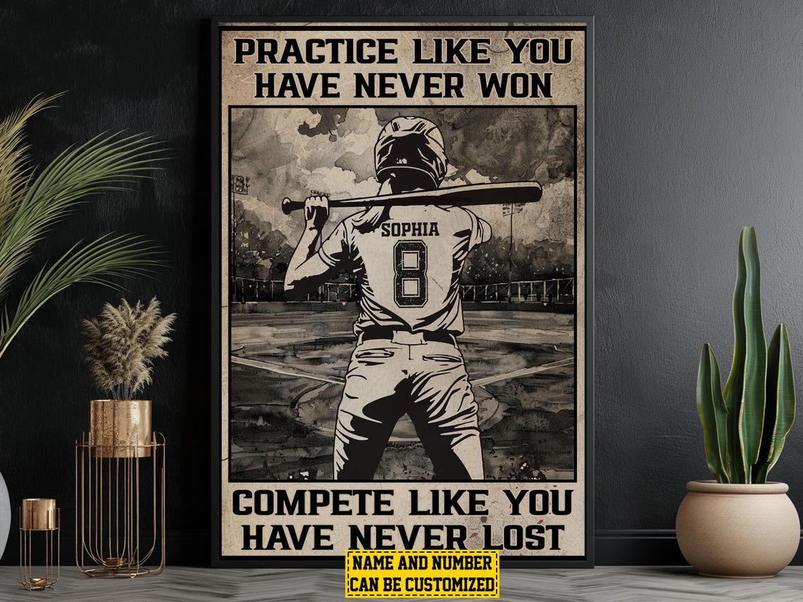 Personalized Softball Practice Compete Motivational Poster Gift