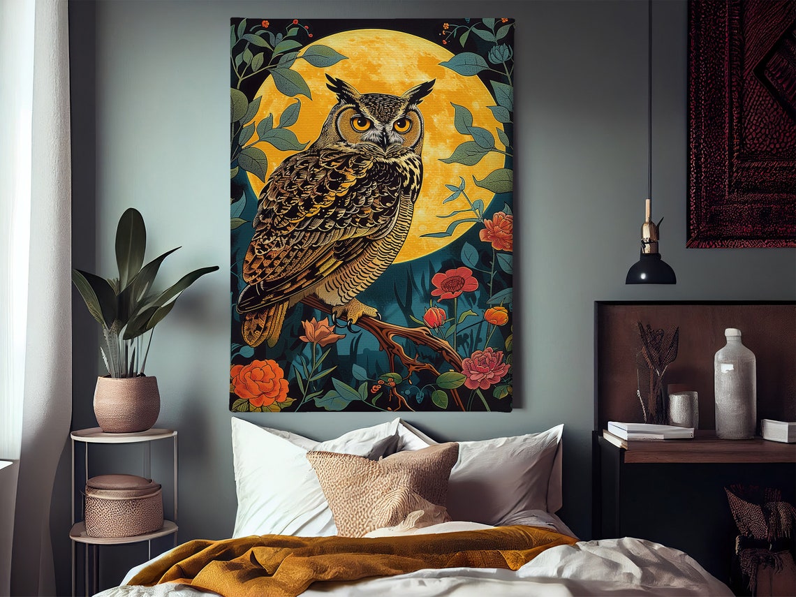 Great Horned Owl Under Golden Full Moon Red Flowers Night Art Poster - Image 2