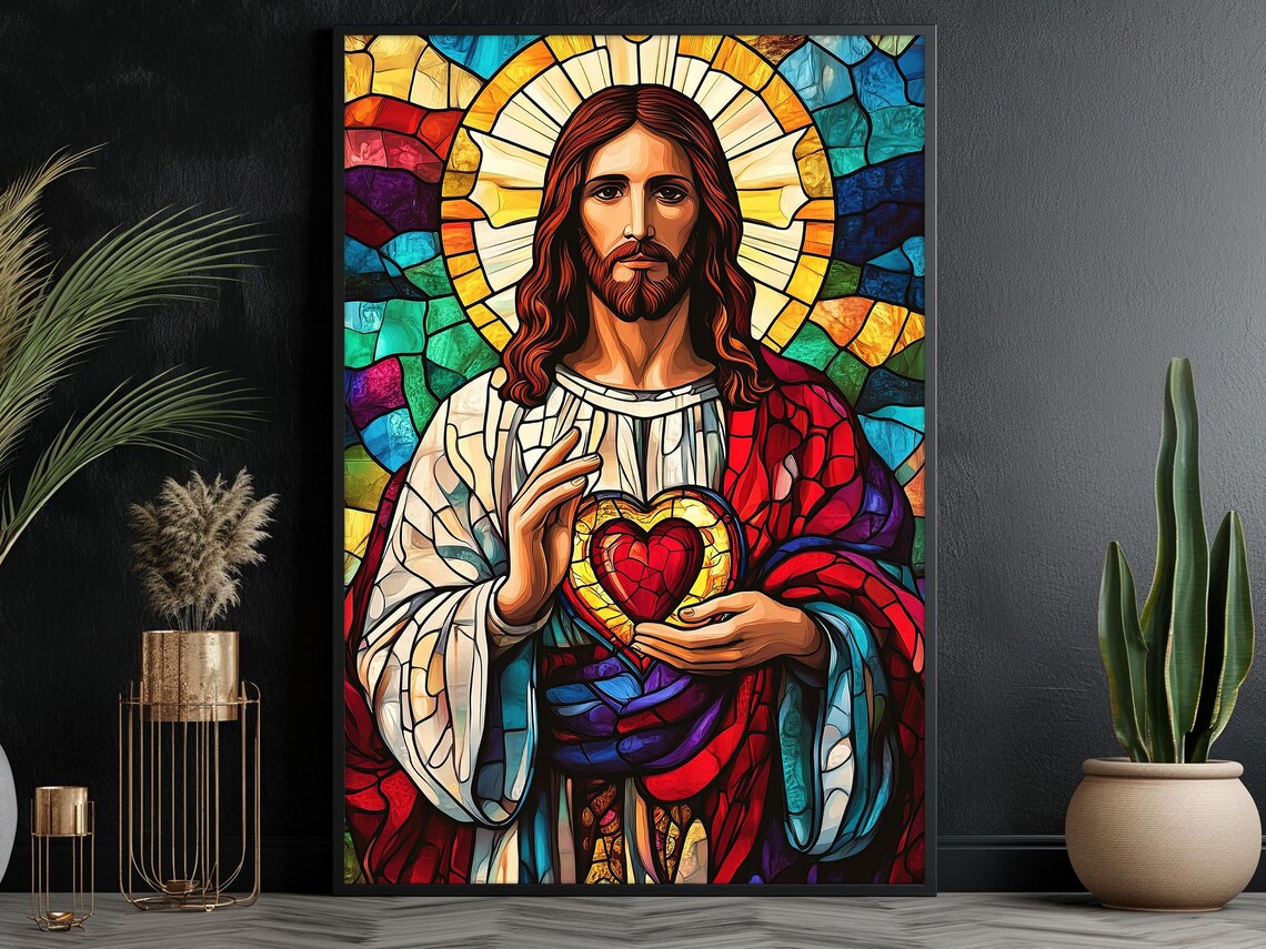 Jesus Christ Sacred Heart Stained Glass Style Portrait Religious Wall Art