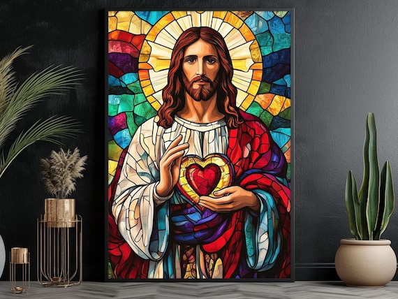 Jesus Christ Sacred Heart Stained Glass Style Portrait Religious Wall Art