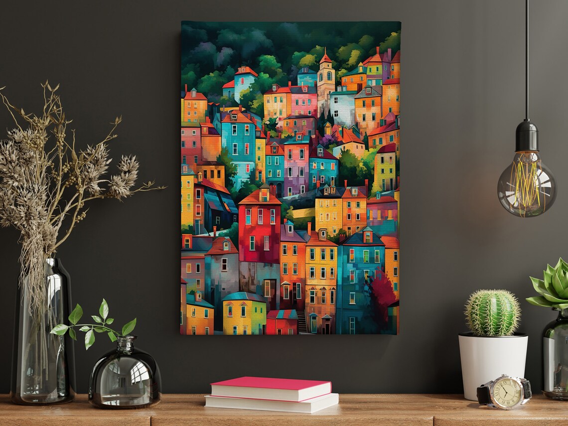 Colorful Hillside Town Houses Abstract City Painting Modern Poster - Image 4