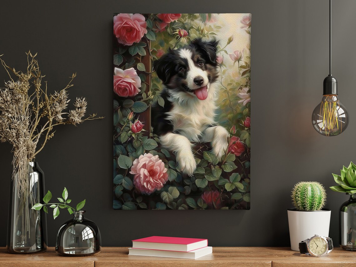 Happy Border Collie Puppy Among Pink Roses Playful Dog Wall Poster - Image 4