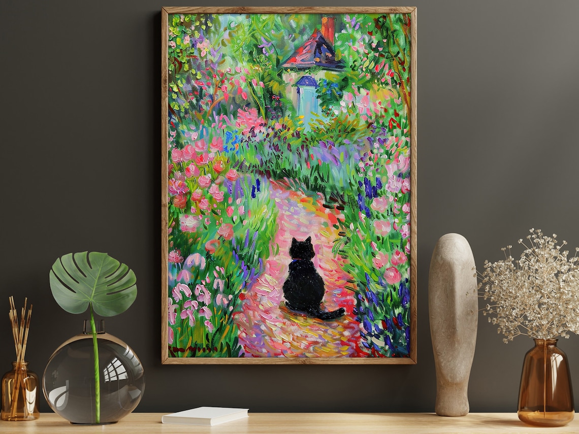 Matisse-Inspired Black Cat in Flowers Garden Art Print