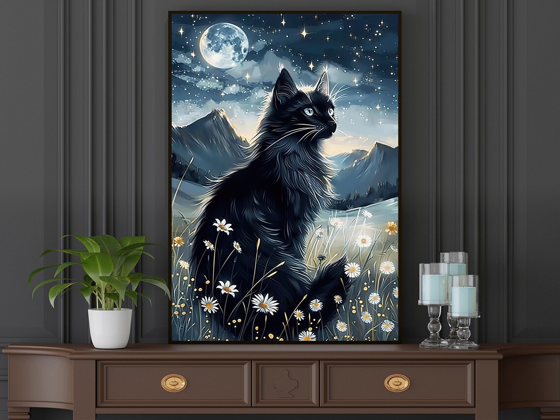 Black Cat Full Moon Night Meadow Daisies Stars Dreamy Animal Art Wall Poster - Image 5