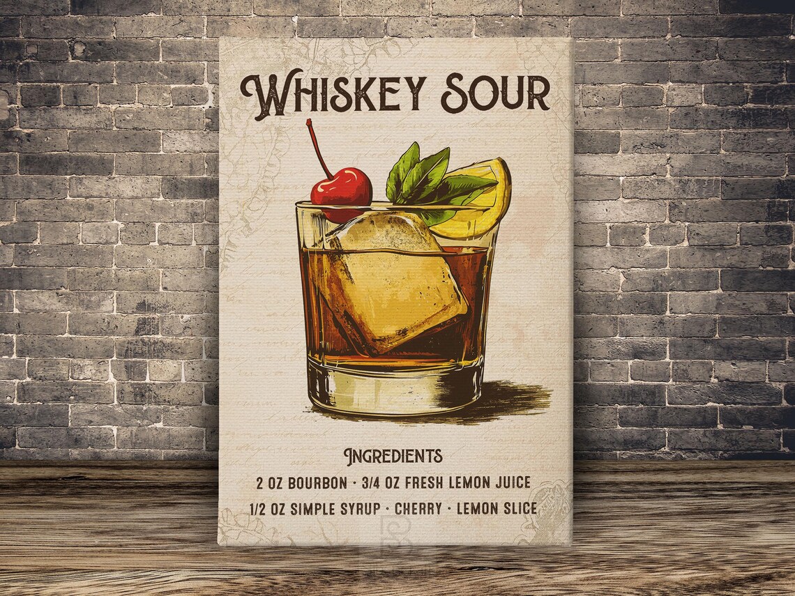 Vintage Whiskey Sour Cocktail Recipe Wall Art Bourbon Cherry Orange Poster - Image 2