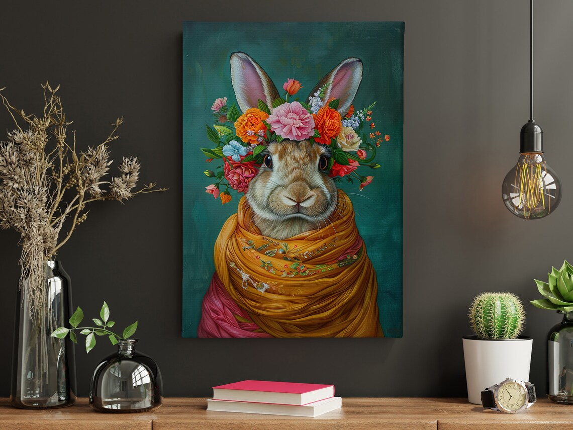 Rabbit With Flower Crown Golden Shawl Whimsical Floral Animal Poster - Image 4