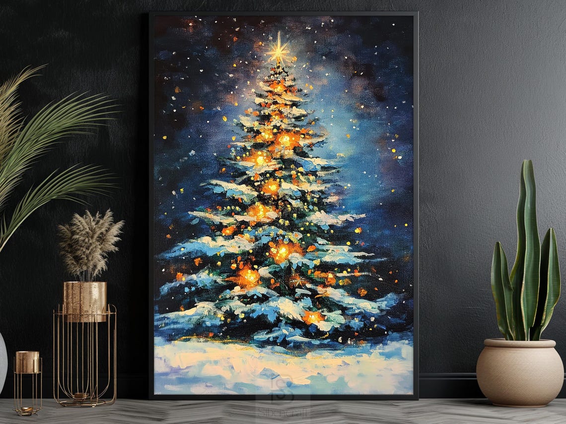 Glowing Christmas Tree With Golden Lights On Starry Snowy Night Poster