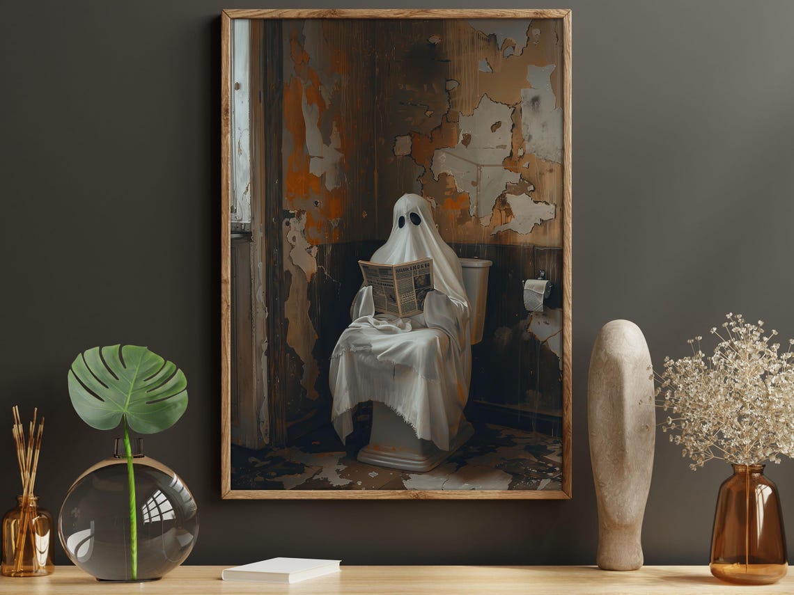 Funny Ghost Reading Newspaper on Toilet in Old Bathroom Art Poster - Image 6