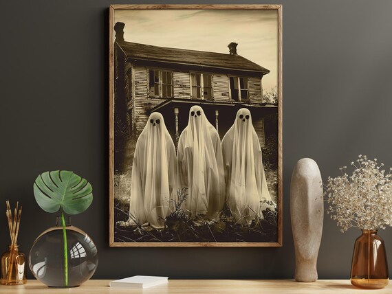 Three Vintage Sheet Ghosts in Front of Old Sepia Farmhouse Art Poster