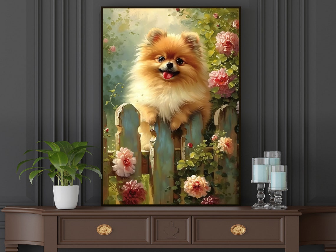 Vintage Cute Dog On The Fence Oil Painting Dog Print Dog Print Flowers Poster Print Pet Wall Art Dog Lovers Gift - Image 5