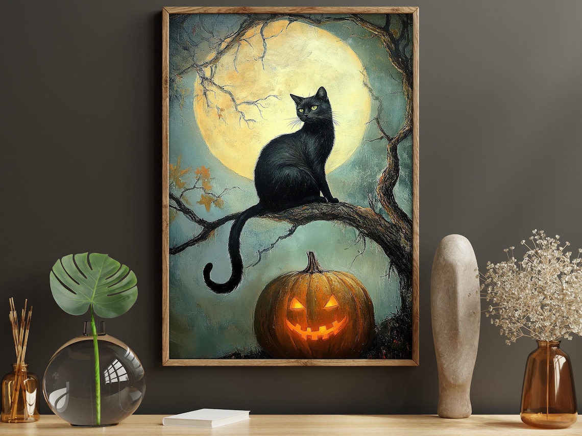 Vintage Black Cat And Moon Halloween Poster, Pumpkin Decor