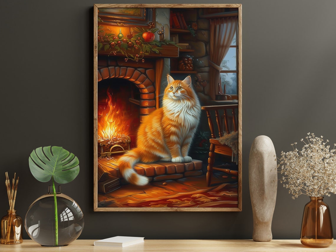 Fluffy Orange Cat By Cozy Fireplace Hearth Cottage Winter Art Poster - Image 2