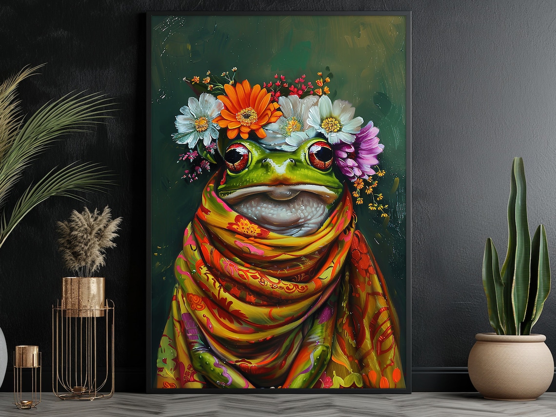 Green Frog Flower Crown Colorful Scarf Whimsical Animal Art Poster