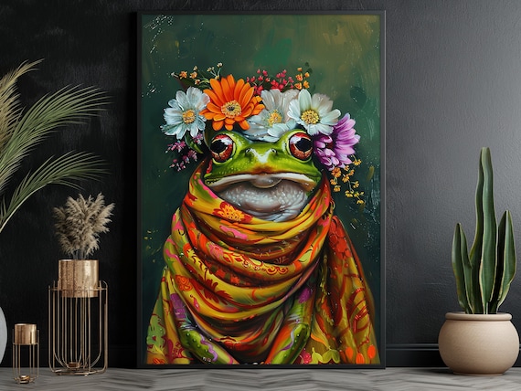 Green Frog Flower Crown Colorful Scarf Whimsical Animal Art Poster