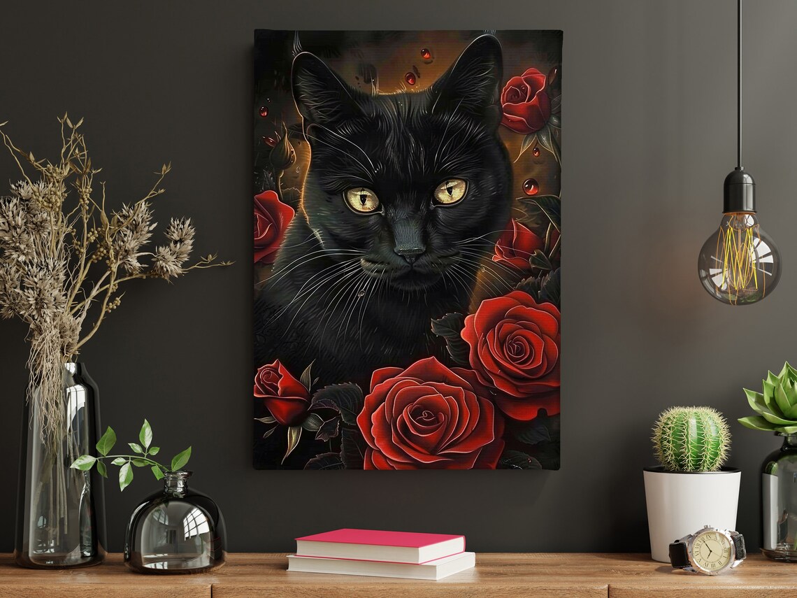 Black Cat Red Roses Gothic Floral Portrait Dramatic Animal Art Wall Poster - Image 2