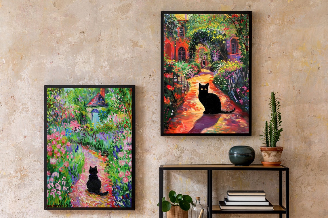 Black Cat In Flower Garden Impressionist Garden Path Wall Art Print - Image 4