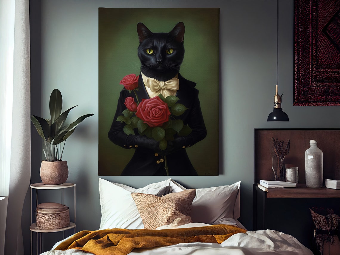 Black Cat Gentleman Tuxedo Portrait With Red Roses Bouquet Poster - Image 2