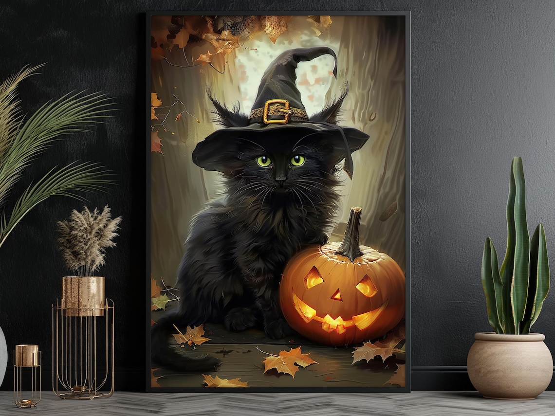 Black Cat Witch Gothic Halloween Poster Print