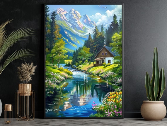 Vintage Countryside River Oil Painting Landscape Print River Print Landscape Wall Art Nature Print