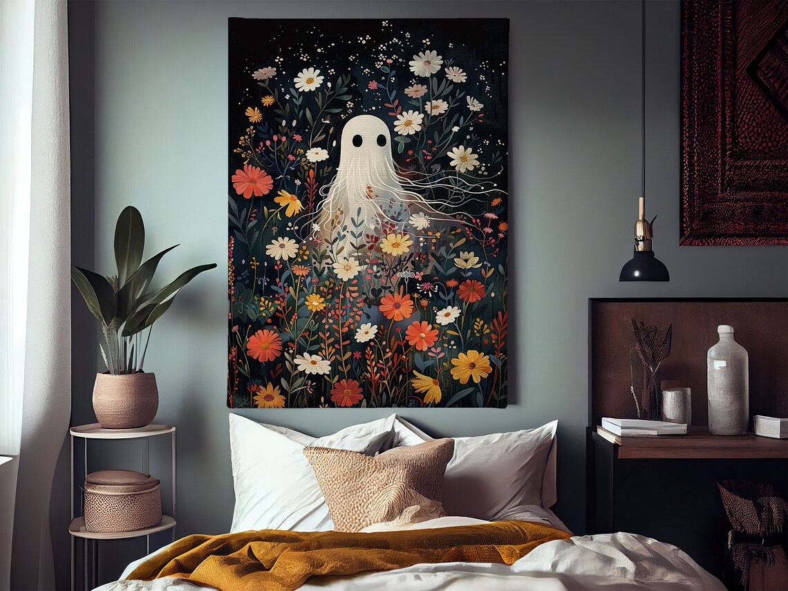 Vintage Ghost in Flowers Garden, Halloween Art Print - Image 2