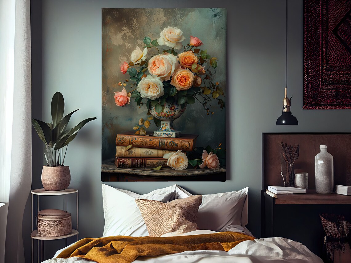 Cream Roses Porcelain Urn Vintage Books Moody Floral Still Life Poster - Image 3