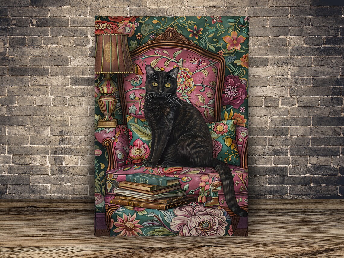 Black Cat On Floral Armchair With Books Maximalist Art Wall Poster - Image 2