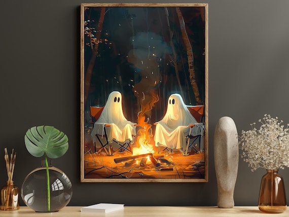 Couple Ghosts Camping Around Campfire Cute Spooky Halloween Poster