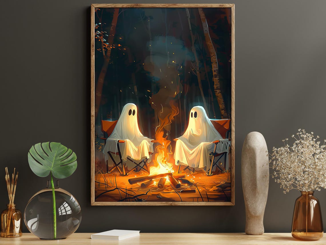 Couple Ghosts Camping Around Campfire Cute Spooky Halloween Poster